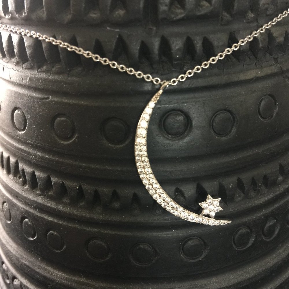 Sterling Silver Zirconia Moon and Star Necklace